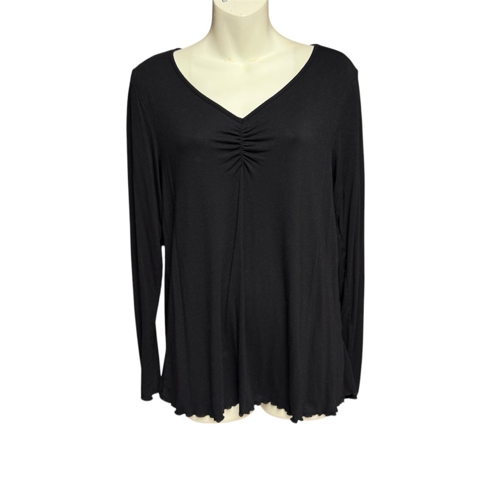 PrinStory size small Black Long Sleeve Women's Top scalloped cuffs and hem
